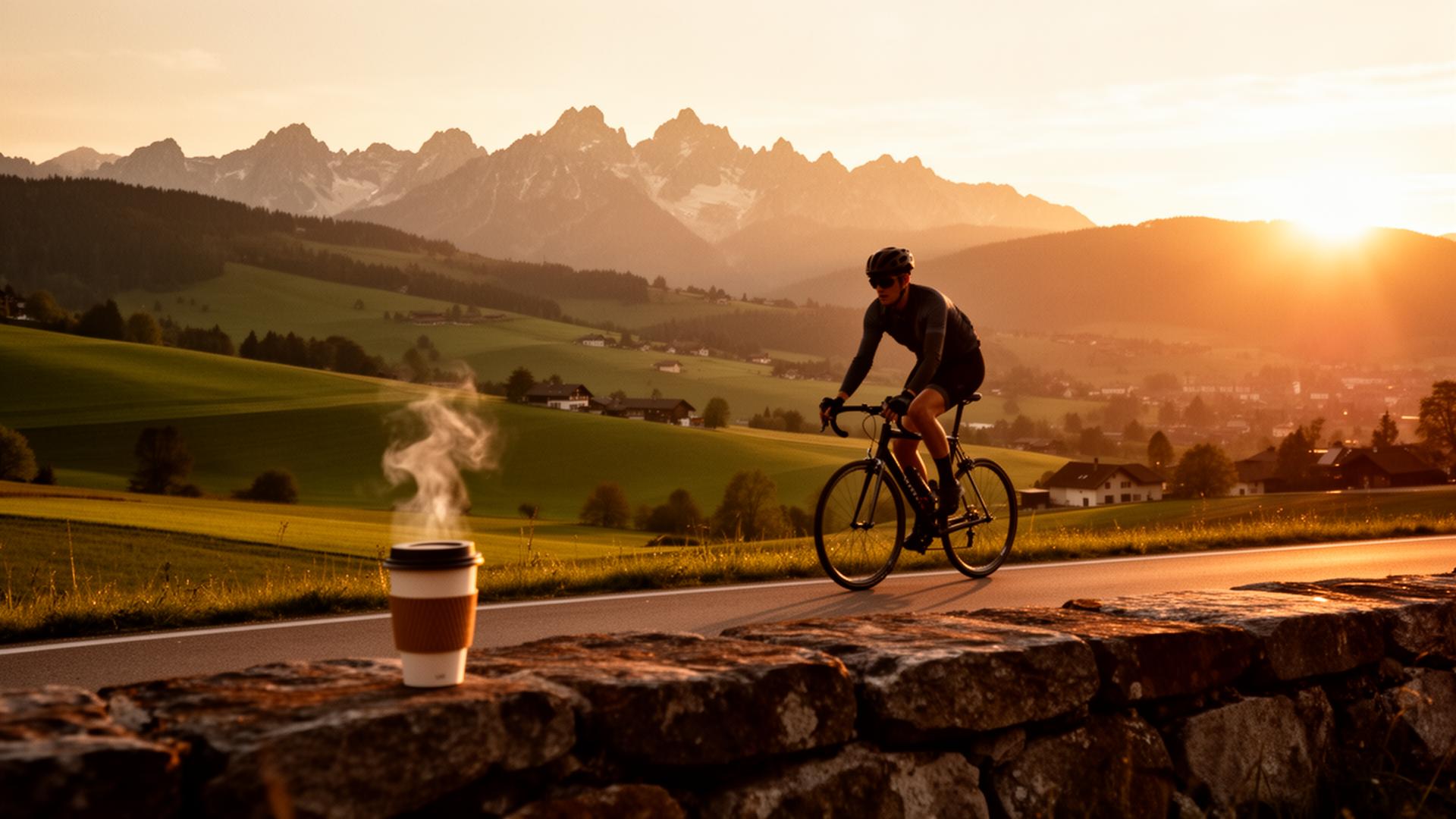 Road cyclist near Munich with Alps backdrop and morning coffee